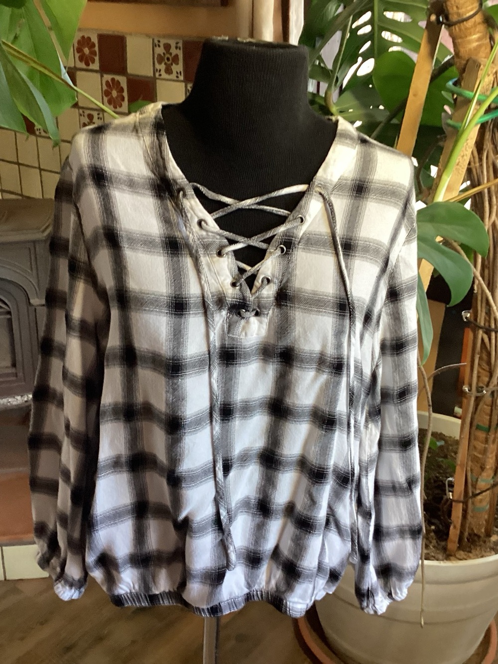 Liverpool Black & White Plaid Lace-Up Tunic